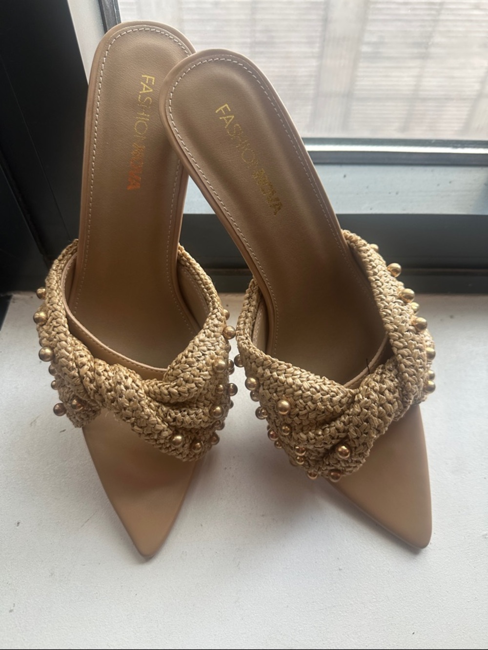 Fashion Nova Tan Braided Beaded Pointed Mules